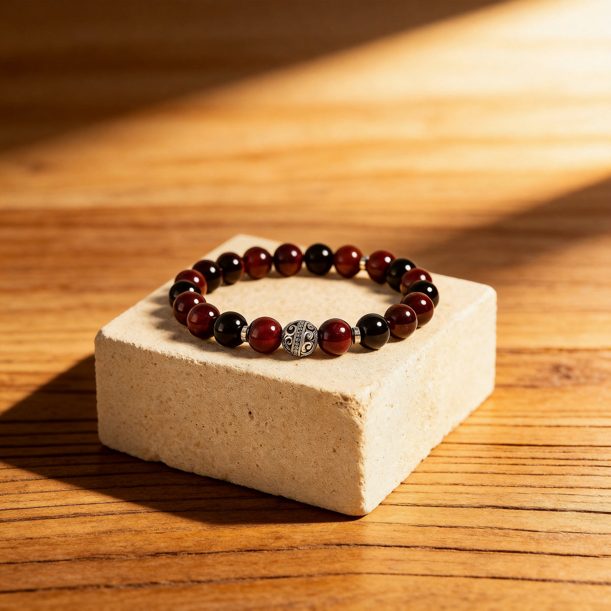 Bracelet Grenat, Œil de Taureau & Obsidienne — Flamme & Résilience