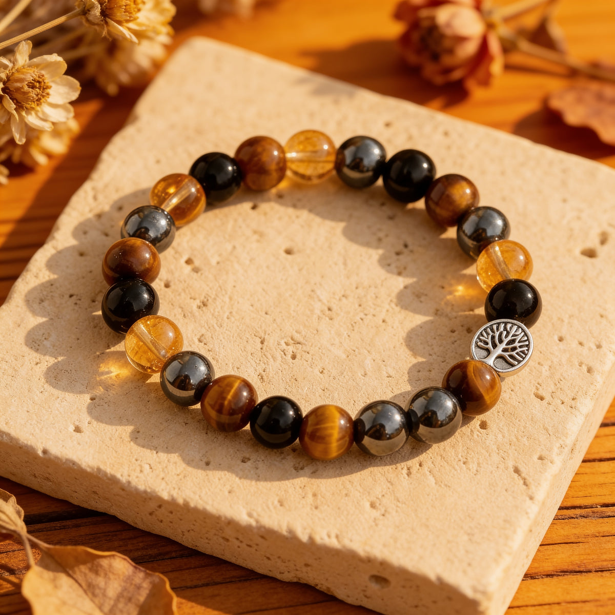 Bracelet "Force & Lumière" en Oeil de Tigre, Citrine, Hématite & Obsidienne - 17cm - L'Arbre des Chakras