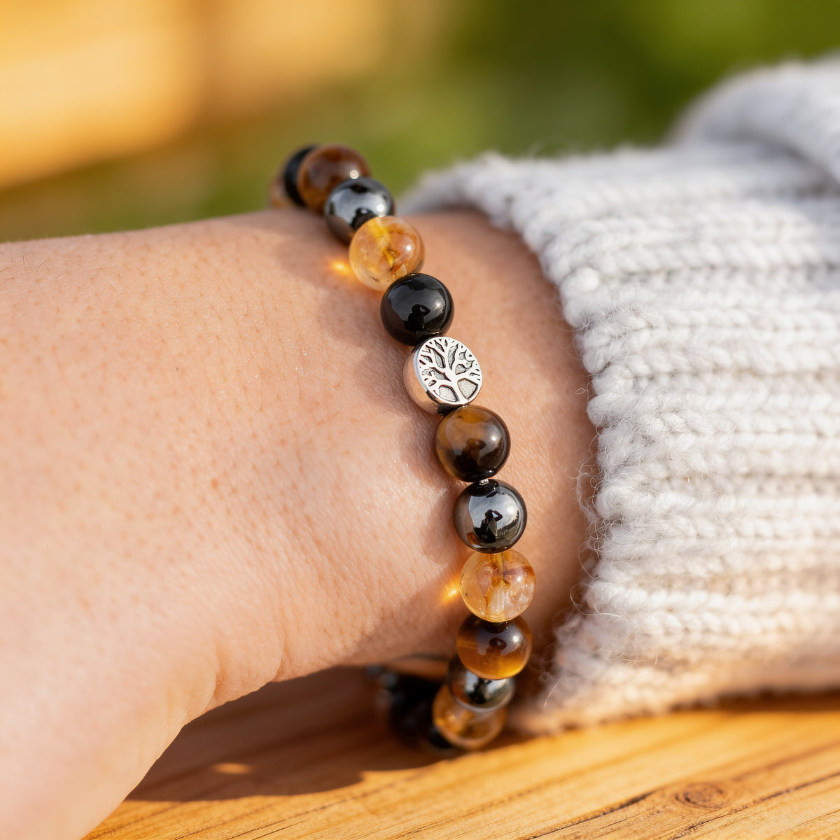 Bracelet Œil de Tigre, Citrine, Hématite & Obsidienne — Force & Clarté