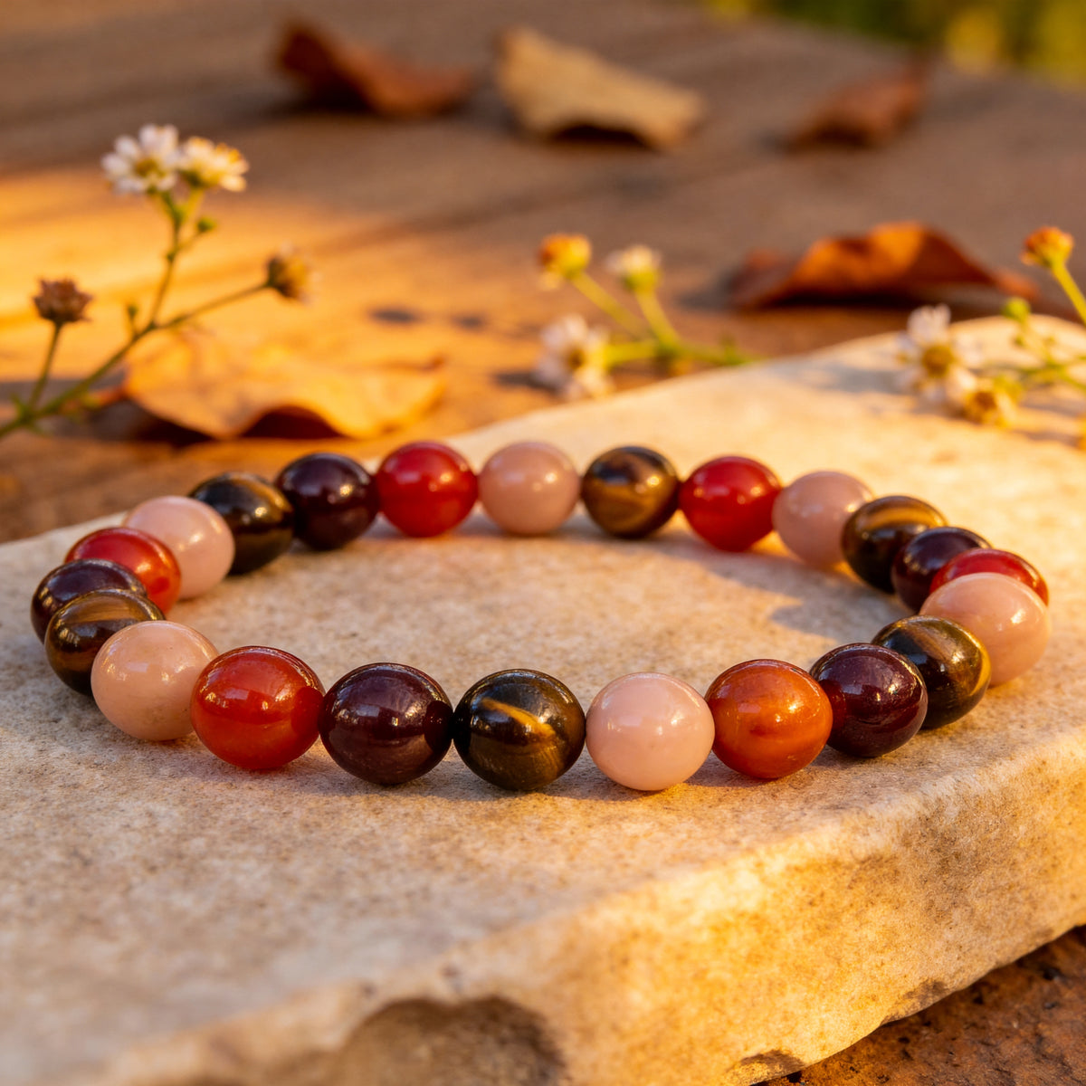 Bracelet "Chance & Joie" en Oeil de Tigre, Pierre de Soleil, Cornaline & Grenat - 17cm - L'Arbre des Chakras