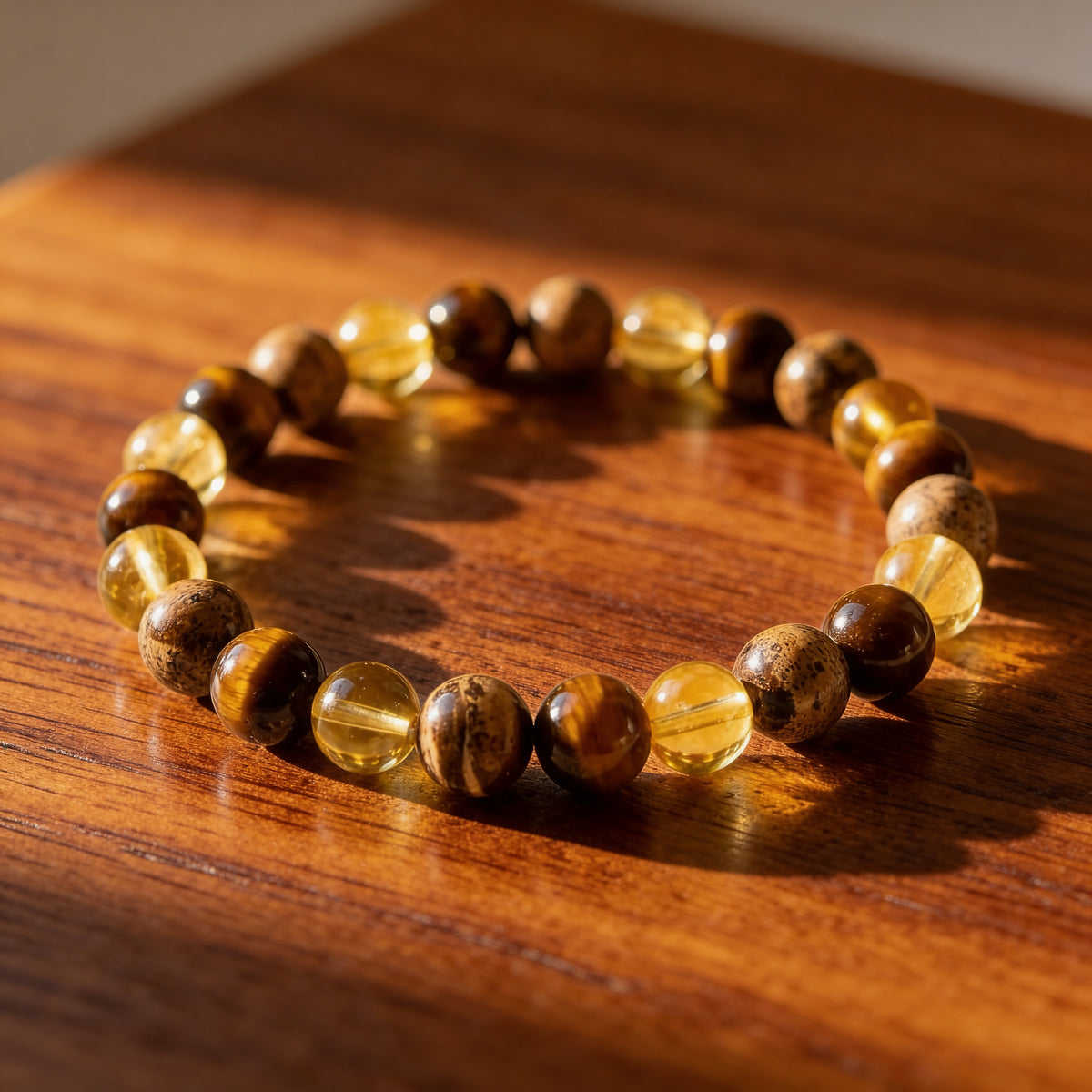 Bracelet "Protection & Prospérité" en Oeil de Tigre, Citrine & Jaspe Paysage - 17cm - L'Arbre des Chakras