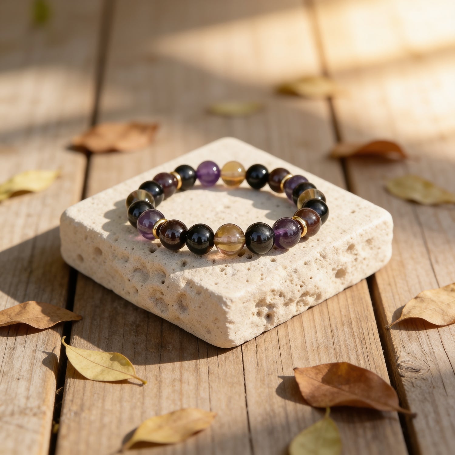 Bracelet "Harmonie & Protection" en Shungite, Quartz Fumé, Améthyste & Grenat - 17cm - L'Arbre des Chakras