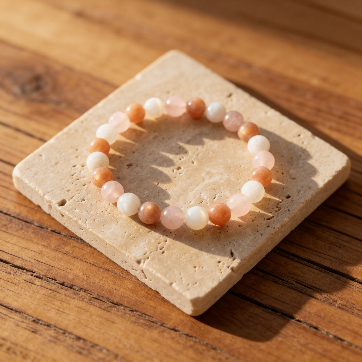 Bracelet Pierre de Soleil, Quartz Rose & Pierre de Lune — Énergie Féminine