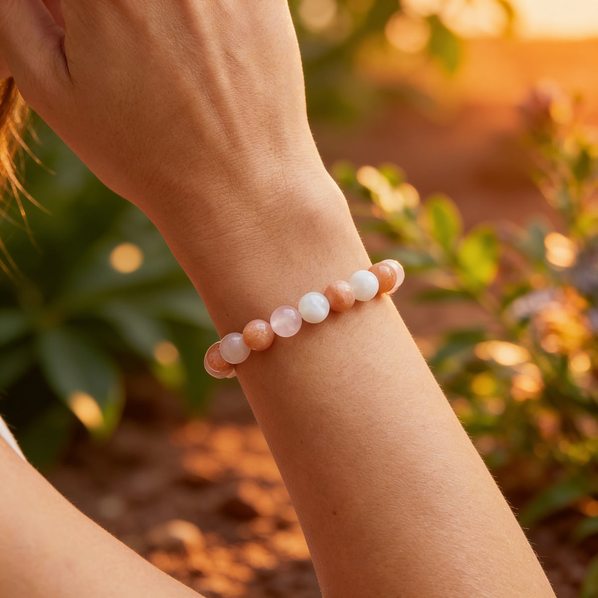 Bracelet Pierre de Soleil, Quartz Rose & Pierre de Lune — Énergie Féminine