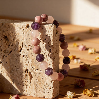 Bracelet Rhodonite, Quartz Rose & Améthyste — Amour de Soi