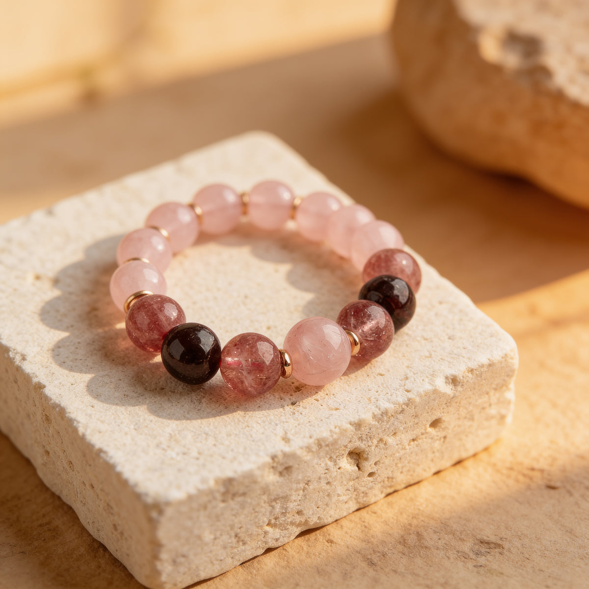 Bracelet Quartz Rose, Grenat & Quartz Fraise — Amour Profond