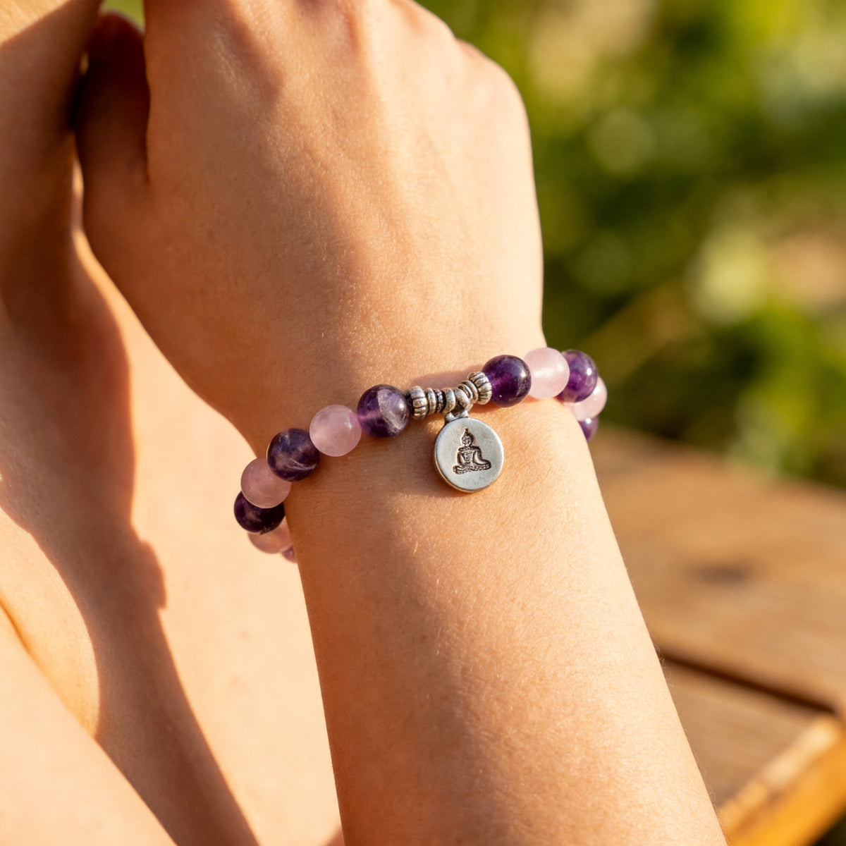 Bracelet "Amour & Spiritualité" en Améthyste & Quartz Rose - Bouddha / 17cm - L'Arbre des Chakras