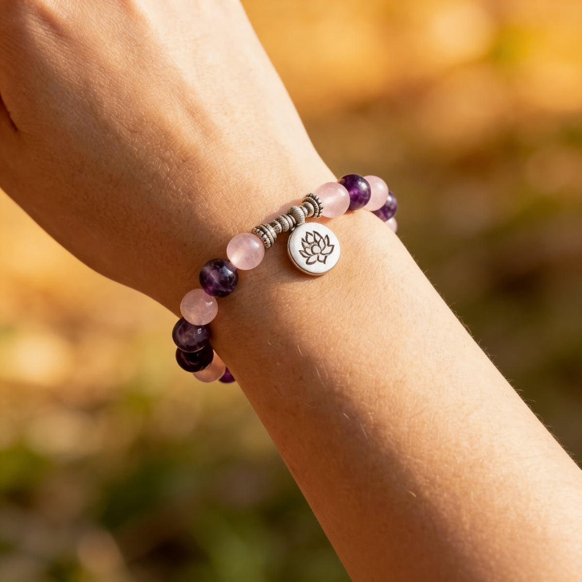 Bracelet "Amour & Spiritualité" en Améthyste & Quartz Rose - Lotus / 17cm - L'Arbre des Chakras