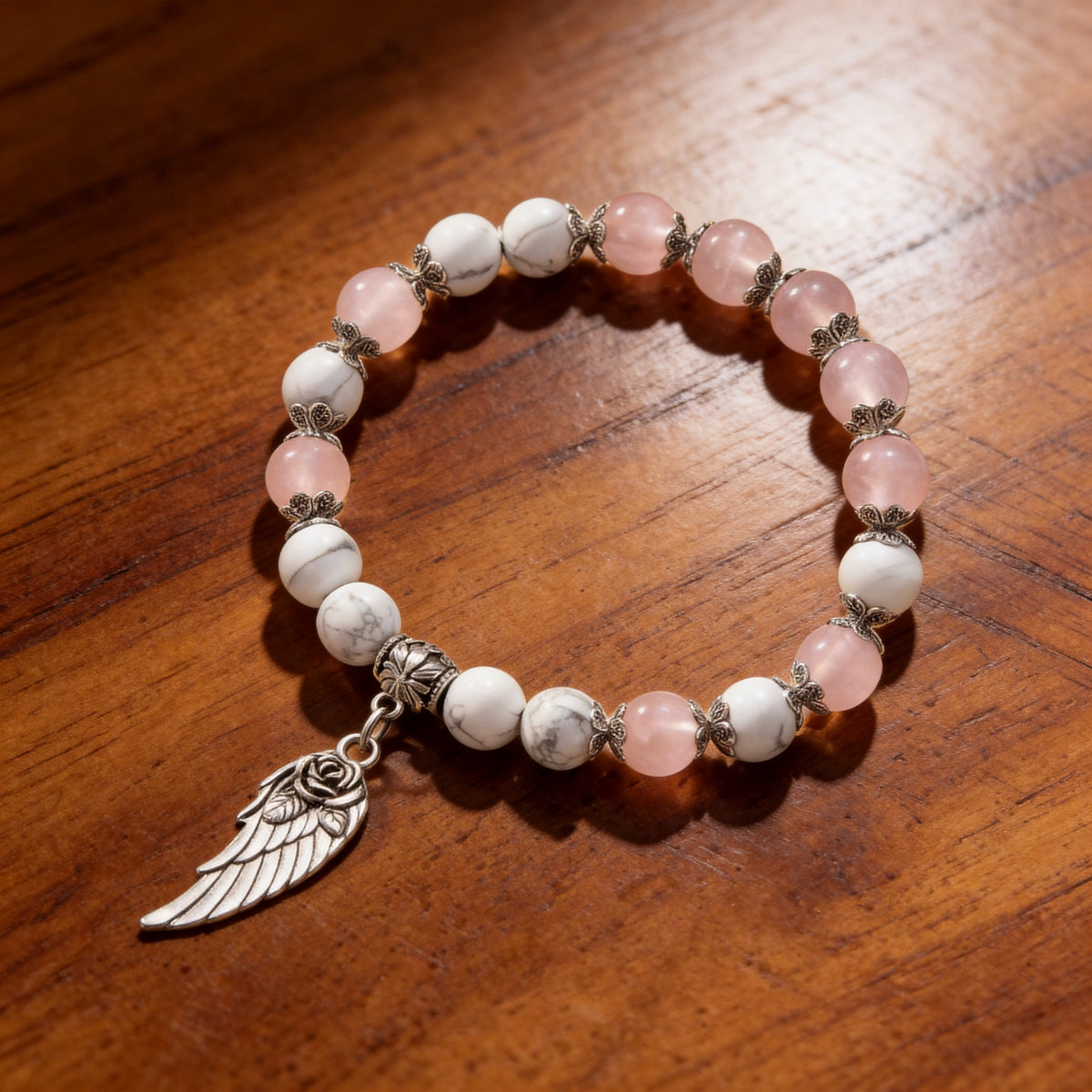Bracelet "Aile d'Ange" en Pierres Naturelles - Howlite - Quartz Rose / 17cm - L'Arbre des Chakras