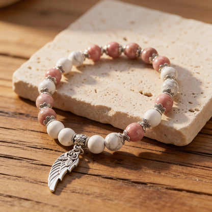 Bracelet "Aile d'Ange" en Pierres Naturelles - Howlite - Rhodochrosite / 17cm - L'Arbre des Chakras