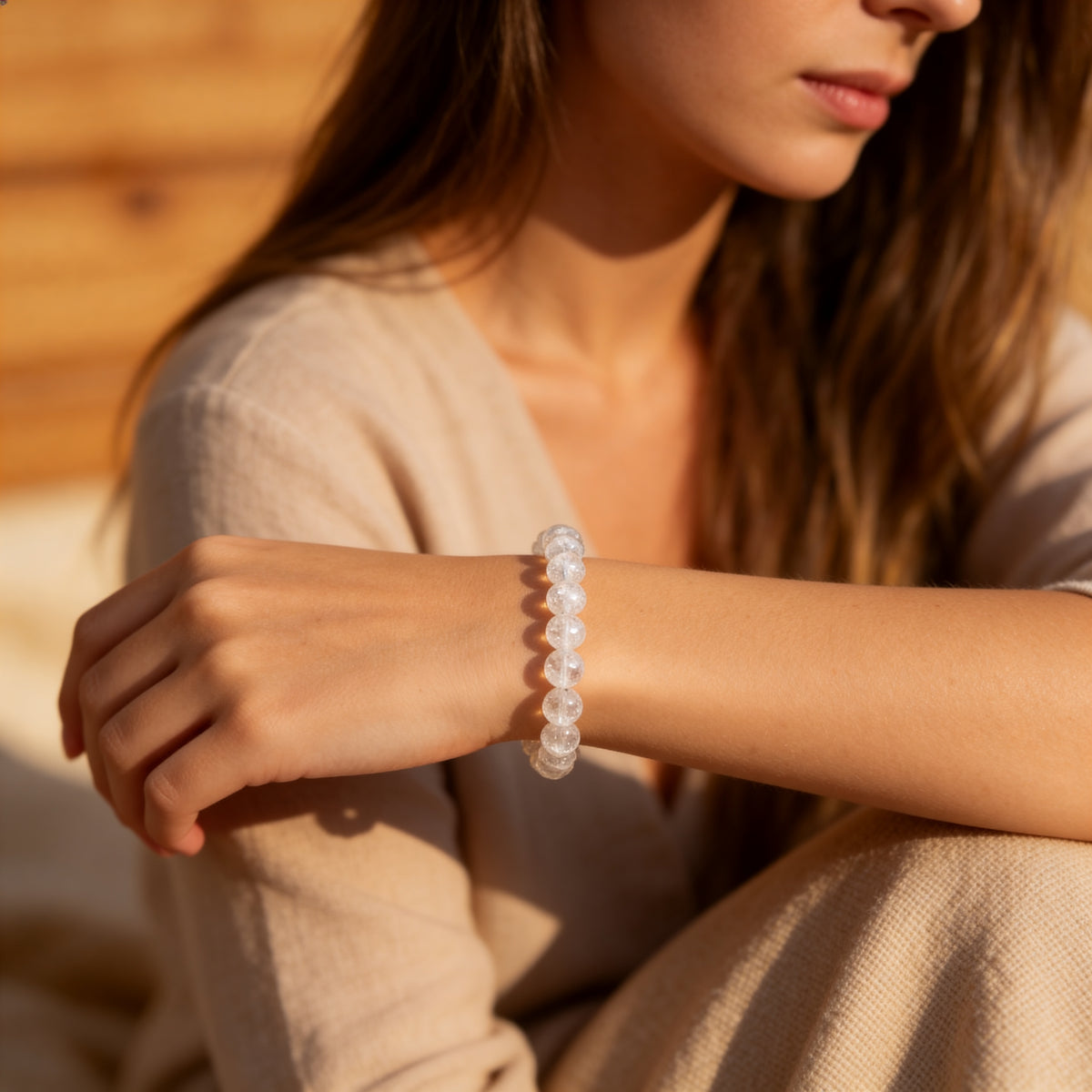 Bracelet "Esprit Léger" en Cristal de Roche Craquelé - 8mm / 17cm - L'Arbre des Chakras