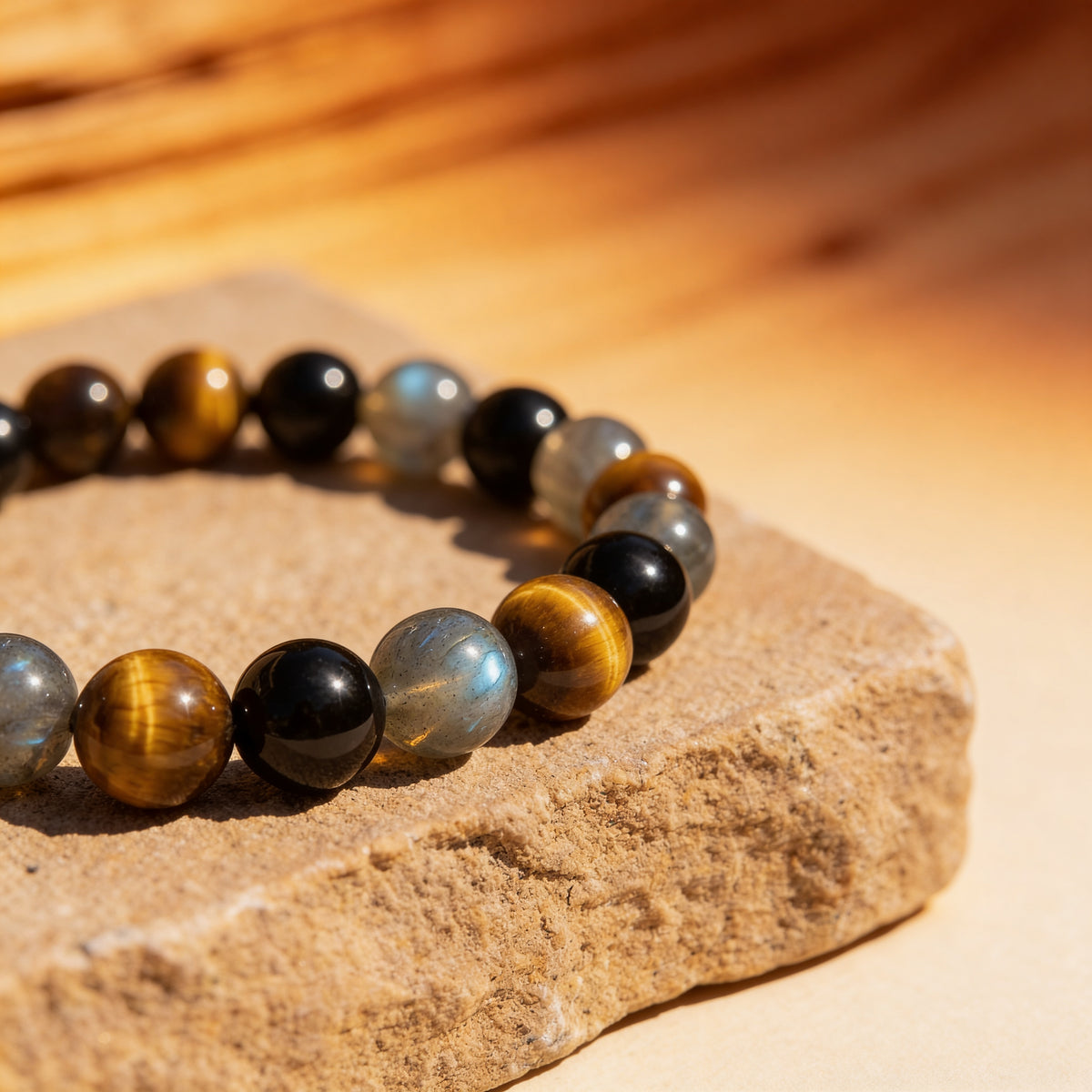 Bracelet Tourmaline, Œil de Tigre & Labradorite — Bouclier Complet