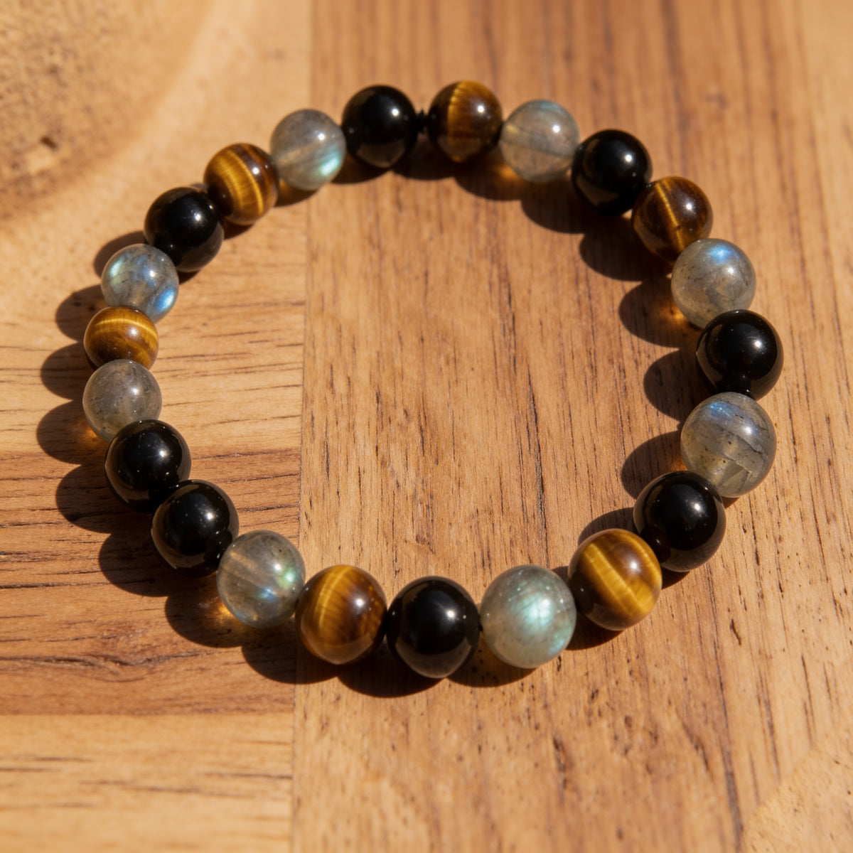 Bracelet Tourmaline, Œil de Tigre & Labradorite — Bouclier Complet
