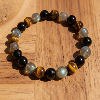 Bracelet Tourmaline, Œil de Tigre & Labradorite — Bouclier Complet