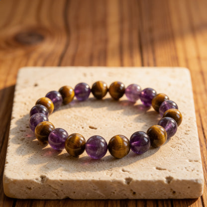 Bracelet "Délivrance" en Améthyste & Oeil de Tigre - 17cm - L'Arbre des Chakras