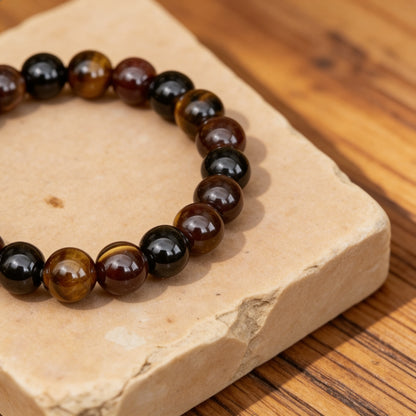 Bracelet "Réussite & Protection" en Oeil de Tigre, Grenat, Tourmaline & Quartz Fumé - 17cm - L'Arbre des Chakras