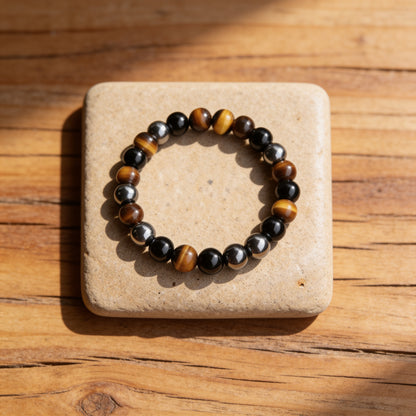 Bracelet "3 Protections" en Oeil de Tigre, Hématite & Obsidienne Noire - 8mm / 17cm - L'Arbre des Chakras