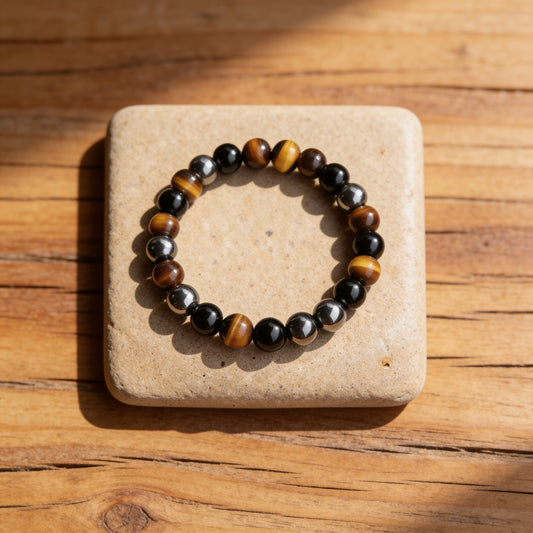 Bracelet "3 Protections" en Oeil de Tigre, Hématite & Obsidienne Noire - 8mm / 17cm - L'Arbre des Chakras