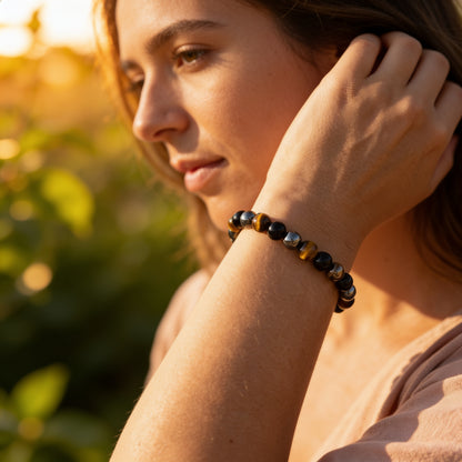 Bracelet Triple Protection — Œil de Tigre, Hématite & Obsidienne