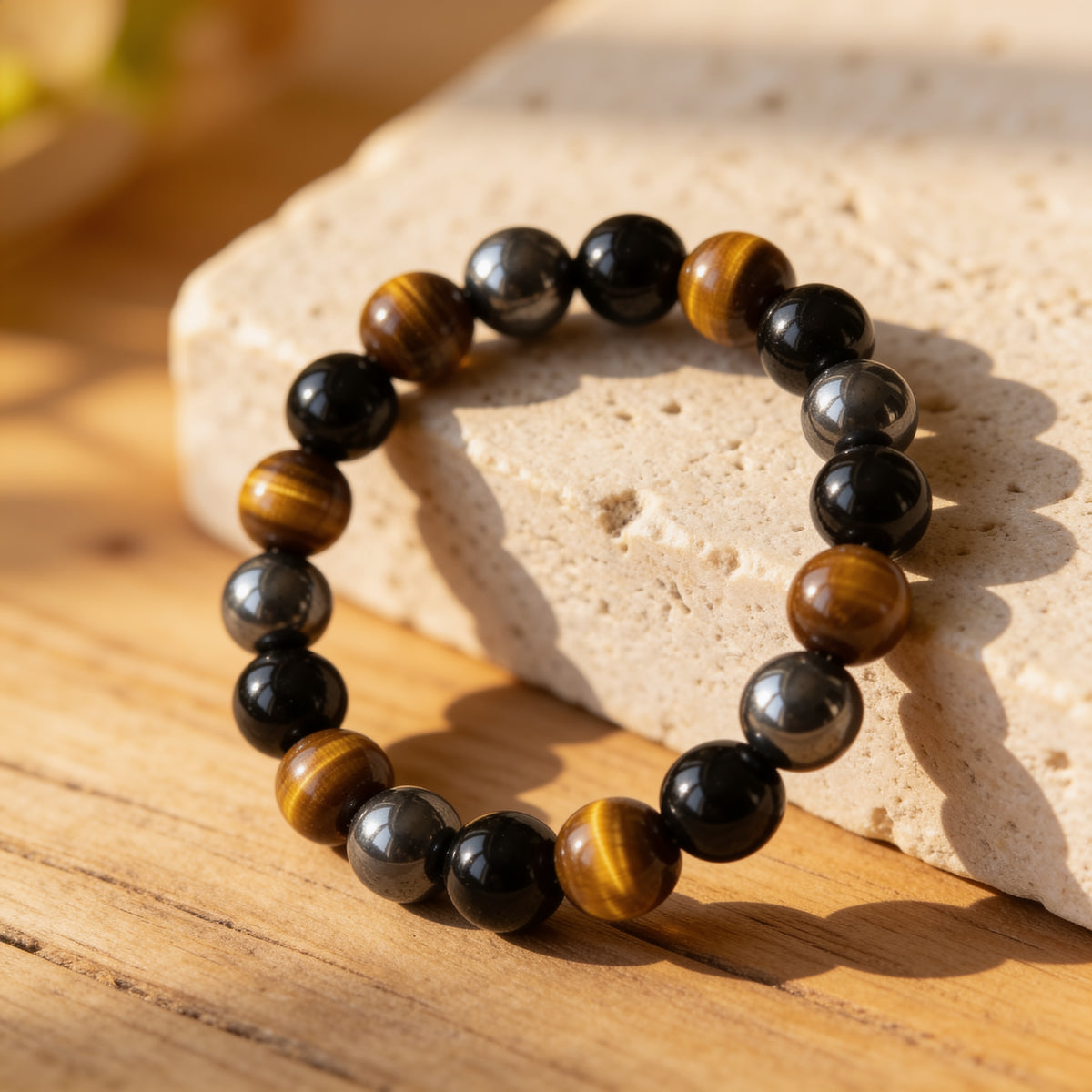Bracelet Triple Protection — Œil de Tigre, Hématite & Obsidienne