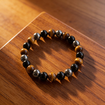 Bracelet Triple Protection — Œil de Tigre, Hématite & Obsidienne