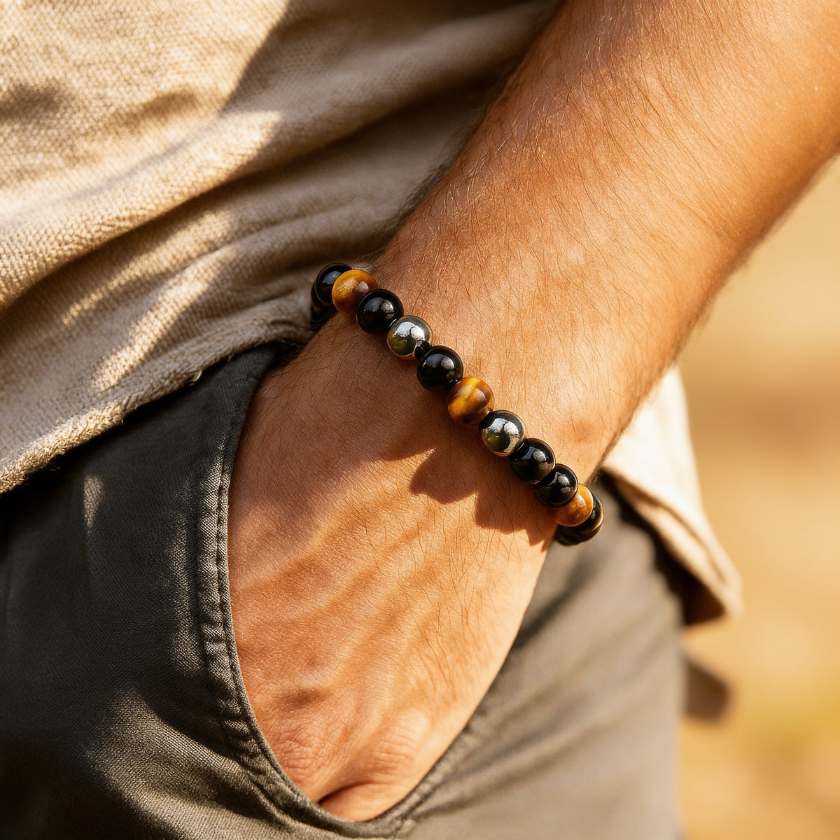 Bracelet Triple Protection — Œil de Tigre, Hématite & Obsidienne