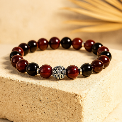 Bracelet Grenat, Œil de Taureau & Obsidienne — Flamme & Résilience