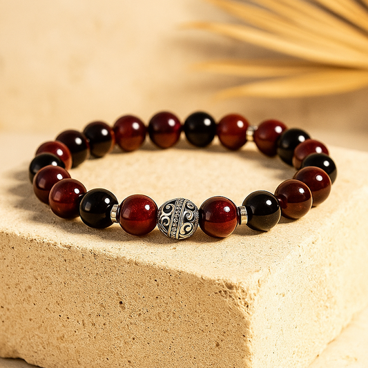 Bracelet Grenat, Œil de Taureau & Obsidienne — Flamme & Résilience