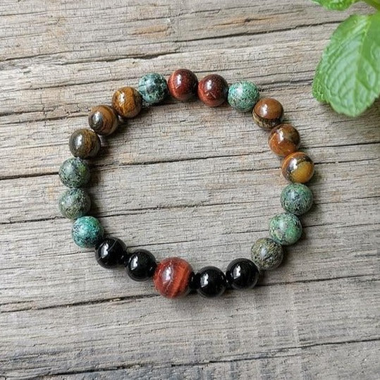 Bracelet Œil de Tigre, Œil de Taureau & Turquoise — Triple Protection